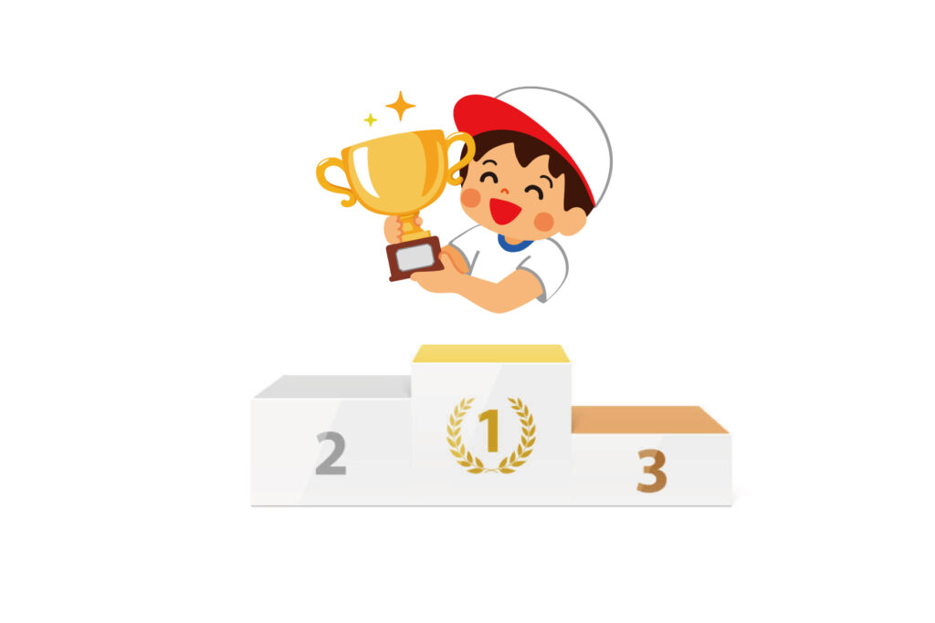 表彰台とトロフィーを持った子供